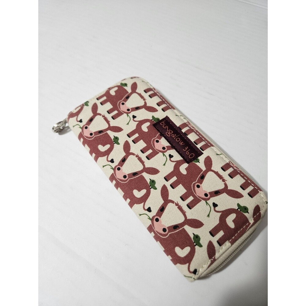 Bungalow 360 Cow Print Zip-Around Wallet Peace Symbol Ivory Brown Green